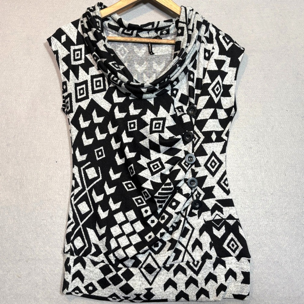 HeartSoul Blouse Womens Medium Geometric Cowl Neck Asymmetrical Button Detail